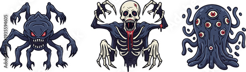 Spider-like monster with claws and glowing eyes, skeletal creature dripping red fluid, amorphous tentacled entity with multiple eyes, fantasy horror cartoon illustration