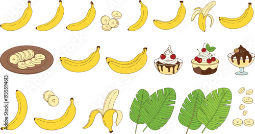 Banana fruit vector collection, whole peeled sliced banana icons with dessert bowl tropical leaves healthy food illustration set