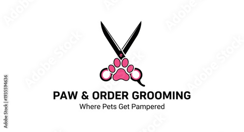 Pet Grooming Salon Logo with Scissors and Paw Print Design.