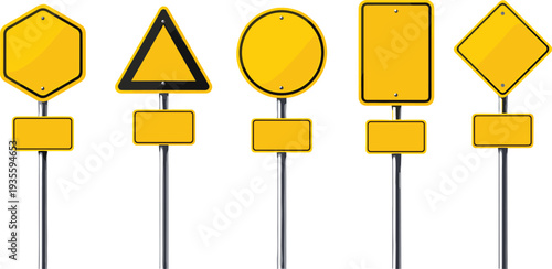 Blank yellow road sign collection, warning shapes triangle circle rectangle diamond hexagon, traffic symbol template signage mockup vector design