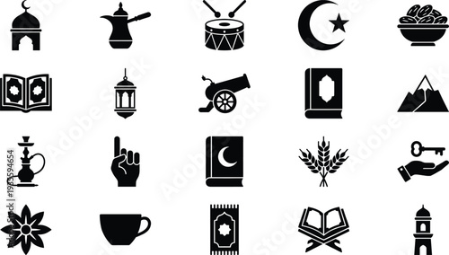 Islamic religious icon set with mosque, lantern, Quran, crescent moon, and cultural symbols for Ramadan and Eid Mubarak holiday designs, 20 words.