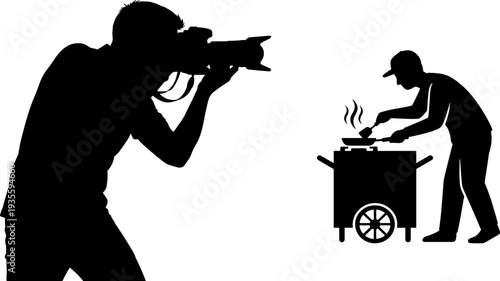 Street photographer crouching with camera, capturing vendor cooking at food cart, steaming hot food, black silhouette illustration, street culture, mobile kitchen, daily life