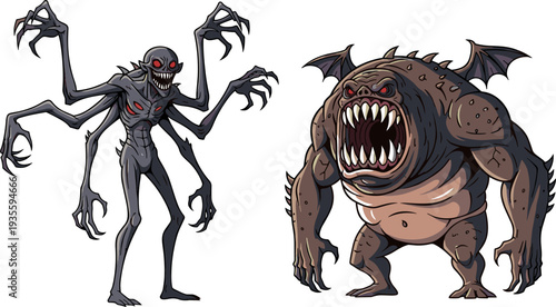 Tall hooded skeletal monster with glowing red eyes, clawed fingers, sinister grin, muscular green multi-eyed creature with sharp teeth, fantasy horror cartoon illustration