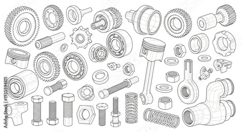 Detailed Mechanical Engineering Components and Parts Illustration.
