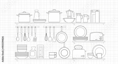 Kitchenware illustration on shelves and hanging.