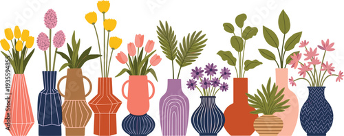 Modern colorful flower vases collection with botanical plants, decorative ceramic pots, floral arrangement vector illustration, home decor design set
