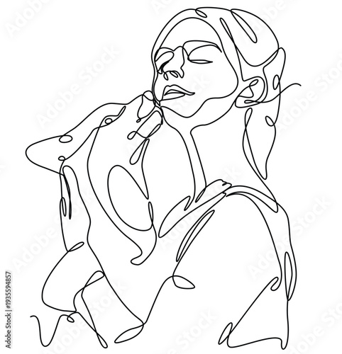 a continuous one-line sketch of a woman and her pet kissing her cheek
