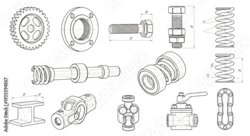Collection of mechanical engineering components and fasteners illustration.