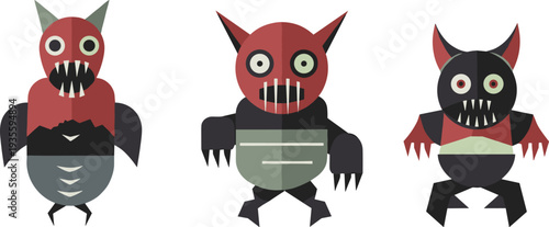 Three cartoon monsters with bold colors, sharp teeth, large eyes, geometric shapes, fantasy horror illustration, imaginative character design, surreal art, playful creatures