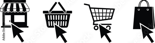 Online shopping icon vector illustration, storefront, basket, cart, bag, cursor interaction, e‑commerce design, purchase process, retail, digital art