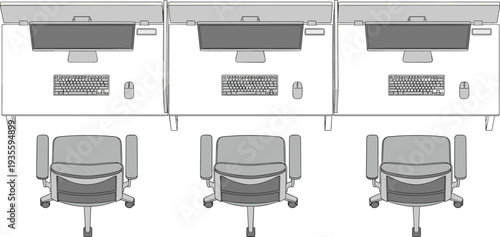 Office workspace top view line art, computer desk setup with chair keyboard monitor, modern workstation outline vector illustration