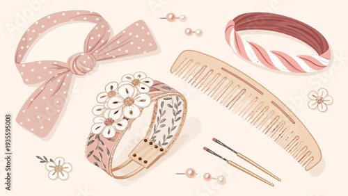 Elegant female hair accessories flat vector set featuring flowers bows combs headbands and pins on cream background