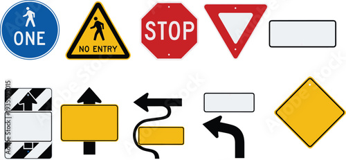 Traffic road signs vector collection, stop yield no entry direction arrows warning street safety signage symbols set