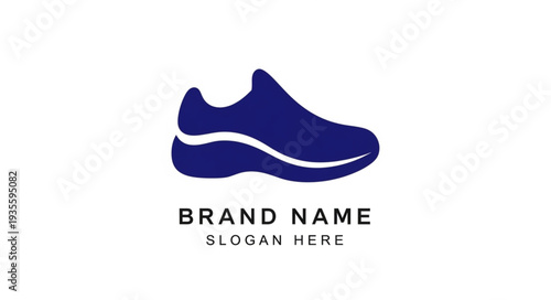 Blue Running Shoe Logo Design Template with Brand Name and Slogan Placeholder.