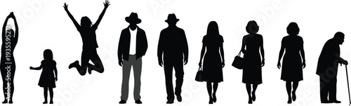 People silhouette set with diverse men women and children in various poses representing life cycle aging process and community diversity