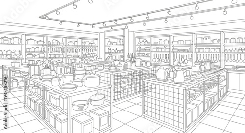 Sketch of a well-stocked retail store interior with aisles and shelves.
