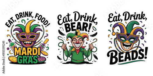 Mardi Gras festive illustrations with masks and beads  celebration graphics