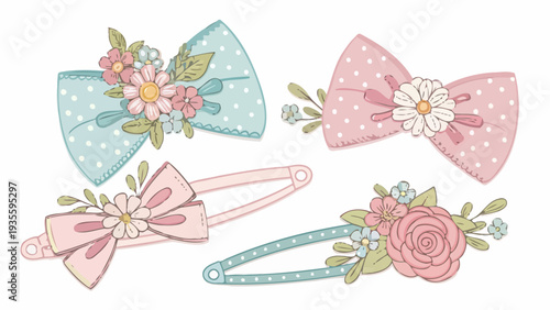 Pastel hair accessories with floral designs vector illustration of bows and clips in soft colors