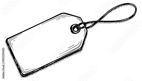 Hand drawn line art illustration of a blank price tag depicting a string loop for retail advertising