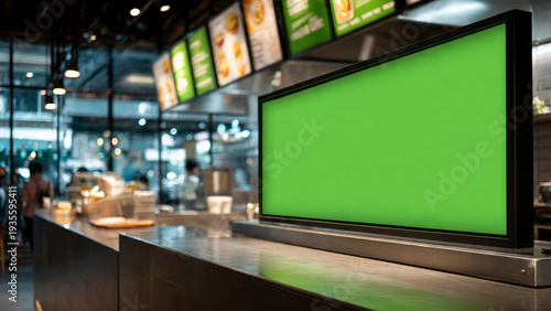 Blank green screen digital display board prominently showcased in a modern fast-casual restaurant or cafeteria interior, ideal for menu boards, advertising, or promotional content mockups