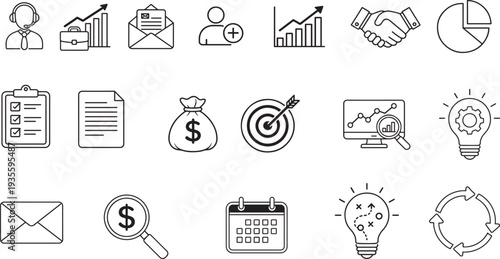 Set of vector icons for web design featuring business, finance, communication, and technology symbols for internet and media use