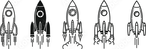Rocket icons vector illustration collection, space launch design, spacecraft symbol, futuristic technology graphic, exploration science art, innovation aerospace concept