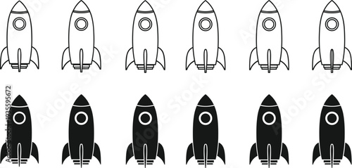 Rocket icons vector illustration, black and white design, space exploration artwork, launch flame clipart, technology graphic collection, propulsion motion contrast