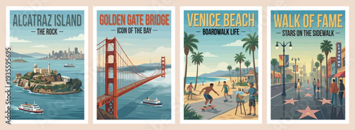 Vintage USA travel poster set. Showcasing alcatraz, venice beach, walk of fame, and golden gate bridge. Retro california vector illustration.