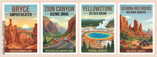 Vintage USA travel poster set. Featuring yellowstone geysers, bryce amphitheater, zion canyon drive, and sedona red rocks. Retro nature vector illustration.