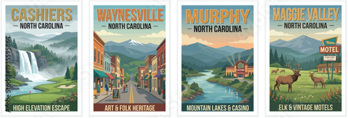 Vintage travel poster set featuring Murphy, Cashiers, Waynesville and Maggie Valley, North Carolina. Mountain landscapes, waterfalls and town street scenery.