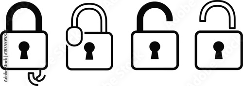 Set of padlock icons featuring locked and unlocked positions in black silhouette and linear outline styles for security privacy data protection and commercial projects.