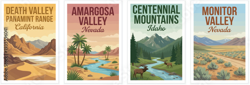 Vintage usa travel poster set. Including death valley panamint range, centennial mountains, monitor valley, and amargosa valley. Retro vector illustration.