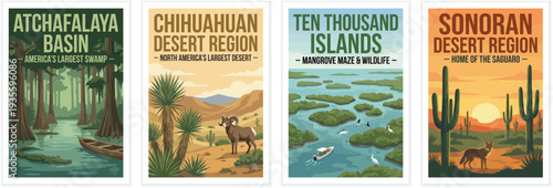 Vintage usa travel poster set. Including ten thousand islands florida, atchafalaya basin, chihuahuan and sonoran desert. Retro vector illustration.