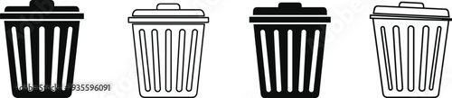 Trash can icon set, garbage bin vector illustration, waste basket silhouette symbol for recycling, refuse container linear and flat style design elements for branding.
