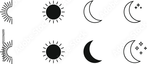 Sun and Moon Vector Icon Set Featuring Linear and Solid Designs for Day Night Cycle Weather Forecasting Astrology Symbols and Minimalist UI Web Interface