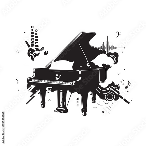 Elegant Abstract Illustration of a Grand Piano with Musical Notes and Shapes.