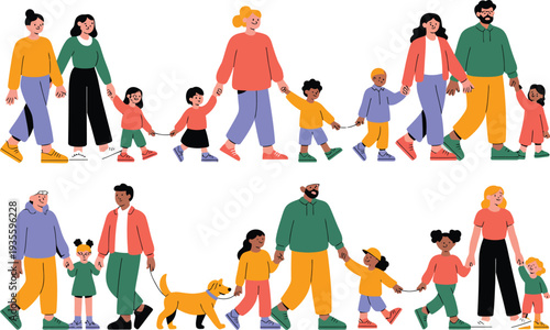 Family illustration of people walking together with children and dog