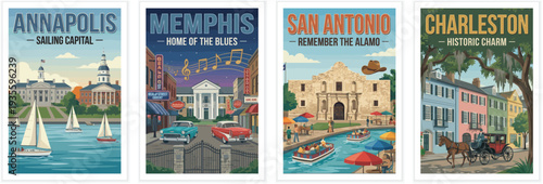 Vintage usa travel poster set. Including annapolis sailing capital, san antonio alamo, charleston historic charm, and memphis home of the blues. Retro vector.
