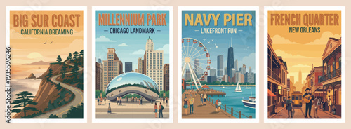 Vintage USA travel poster set. Showcasing big sur coast, chicago millennium park, navy pier, and new orleans french quarter scenes. Vector art.