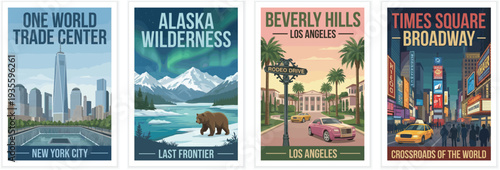 Vintage USA travel poster set. Featuring modern skyscraper, alaska wilderness bear, luxury street palm trees, and neon city night scenes. Retro vector art.