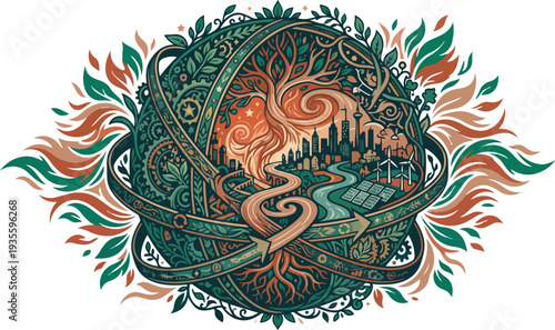 Intricate Dragon Illustration with Foliage and Cityscape.