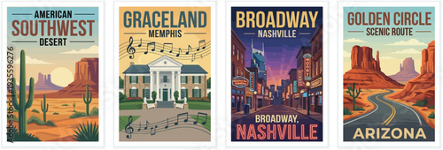 Vintage USA travel poster set. Showcasing southwest desert, historic memphis mansion, nashville broadway, and arizona scenic route. Retro vector art.