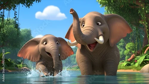 Fototapeta Happy elephant family playing in tropical forest water, colorful 3D illustration