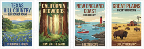 Vintage USA travel poster set. Including texas bluebonnet hills, california redwood forest, new england lighthouse, and great plains farm. Retro vector.
