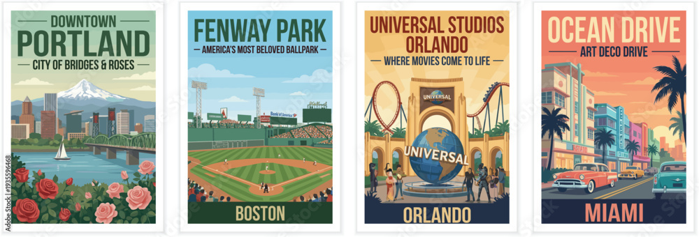Fototapeta premium Vintage USA travel poster set. Featuring portland bridges, historic baseball stadium, movie theme park, and miami art deco ocean drive. Retro vector art.
