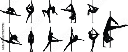 pole, dance, dancer, silhouette, fitness, woman, performance, acrobatics, sport, flexibility, movement, strength, workout, training, isolated, vector, illustration, set, cad, drawing