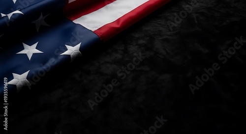 American flag draped on dark black background with copy space