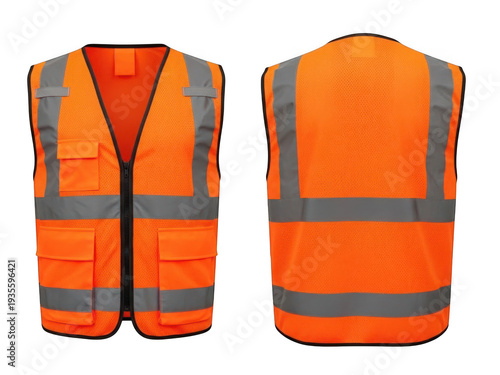 High visibility orange safety vest with reflective strips isolated on transparent background