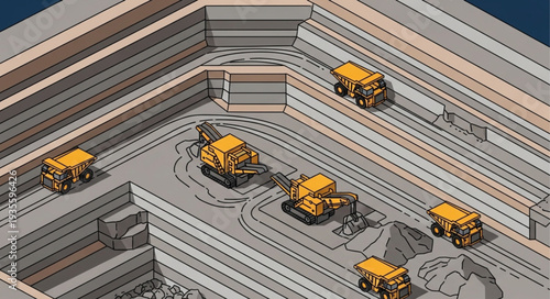 Open pit mine with heavy machinery and dump trucks in operation.