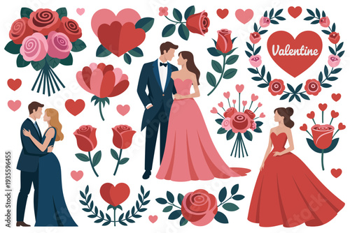 Valentine vector illustration with couples and romantic flowers and hearts